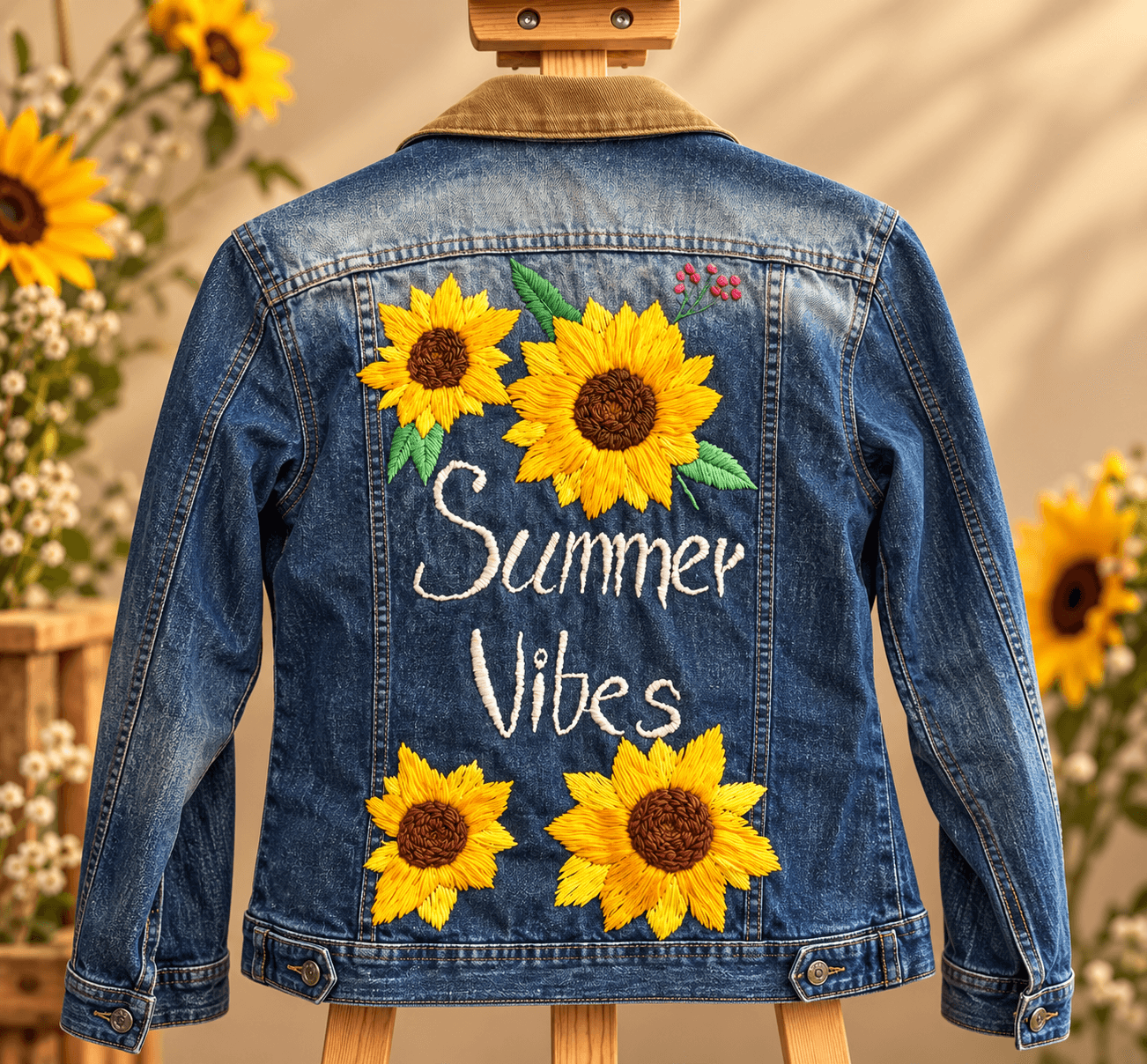Kurtka jeansowa Summer Vibes z ręcznie haftowanymi słonecznikami