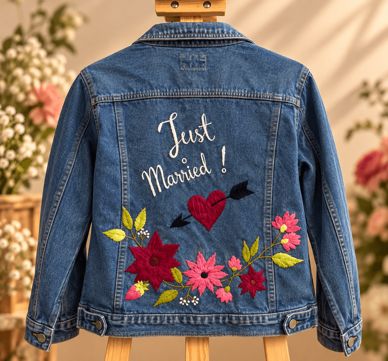 Kurtka jeansowa Just Married z ręcznie haftowanym sercem przebitym strzałą i kwiatami